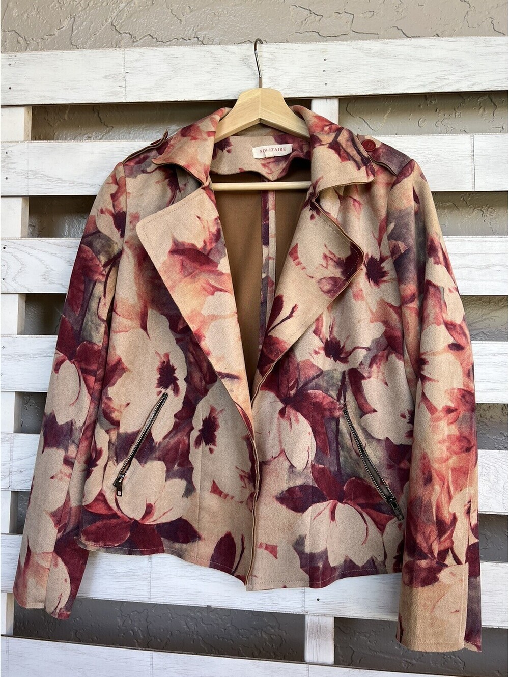 Solitair Moto Soft Jacket Floral Pink Beige Pattern Size S 100% Polyester